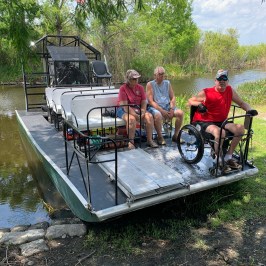 a group of people riding on the back of a boat